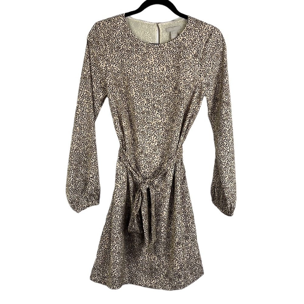 H&M Neutral Spotted Animal Print Keyhole Back Tie Waist Long Sleeve Dress Size 4